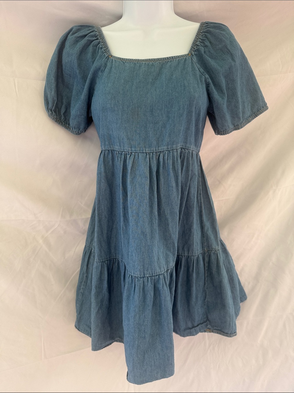 Beautees Denim Puff Sleeve Tiered Dress in Blue